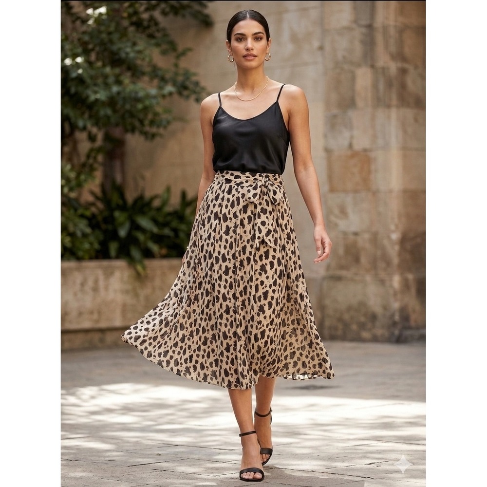 Maeve Leopard Print Midi Skirt with Tie Waist - Beige and Black